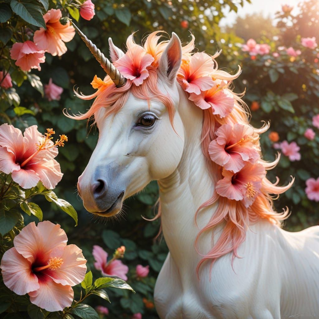 Whimsical Hibiscus Unicorn in a Lush Garden