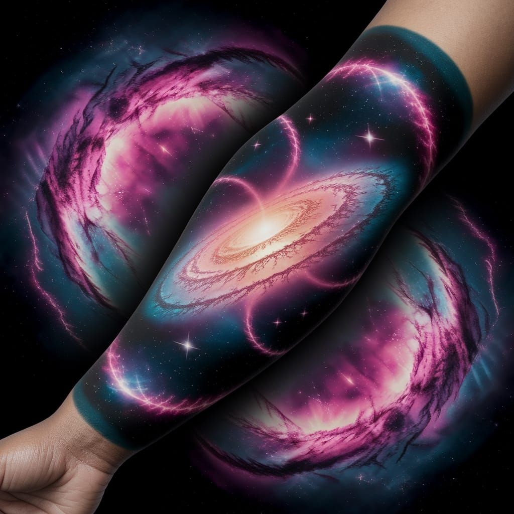 Vibrant Cosmic Galaxy Tattoo Sleeve in Deep Space