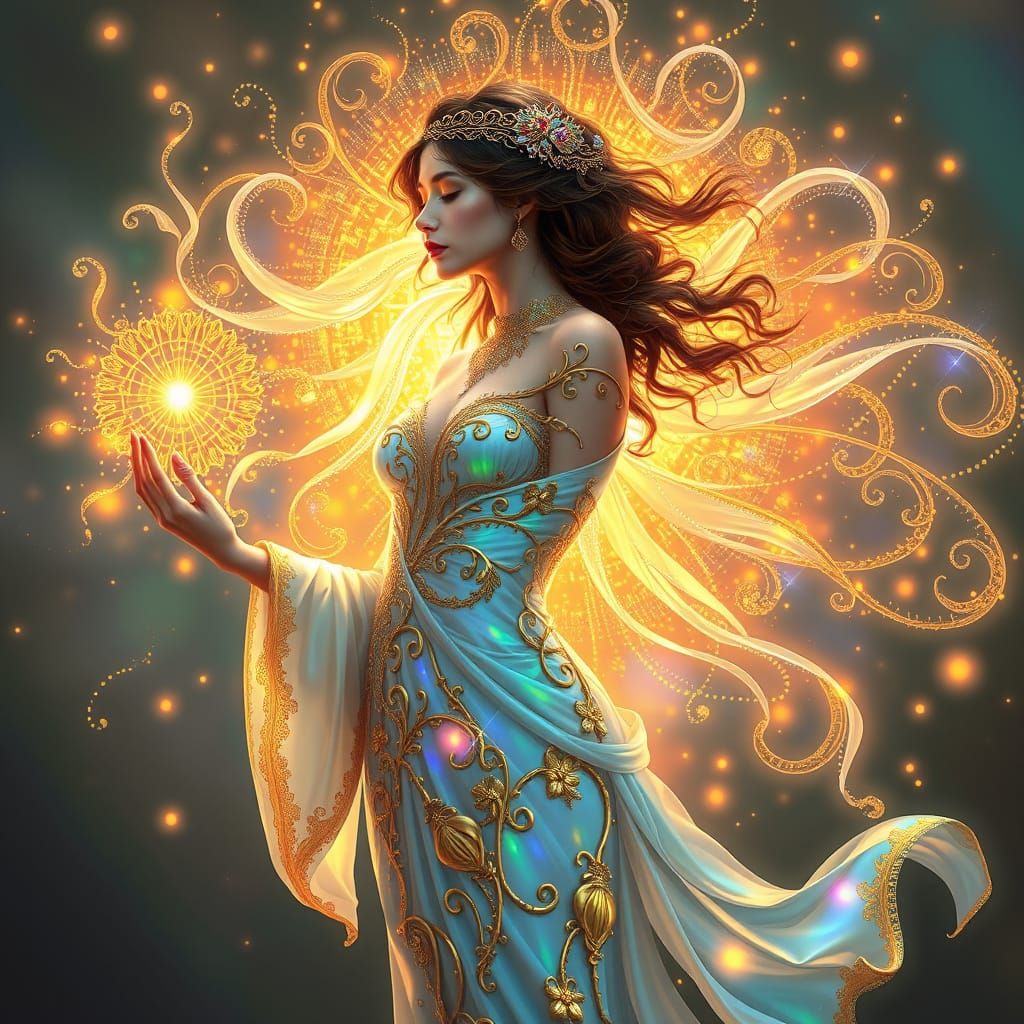 Ethereal Goddess in Liquid Opal Attire with Vibrant Aura