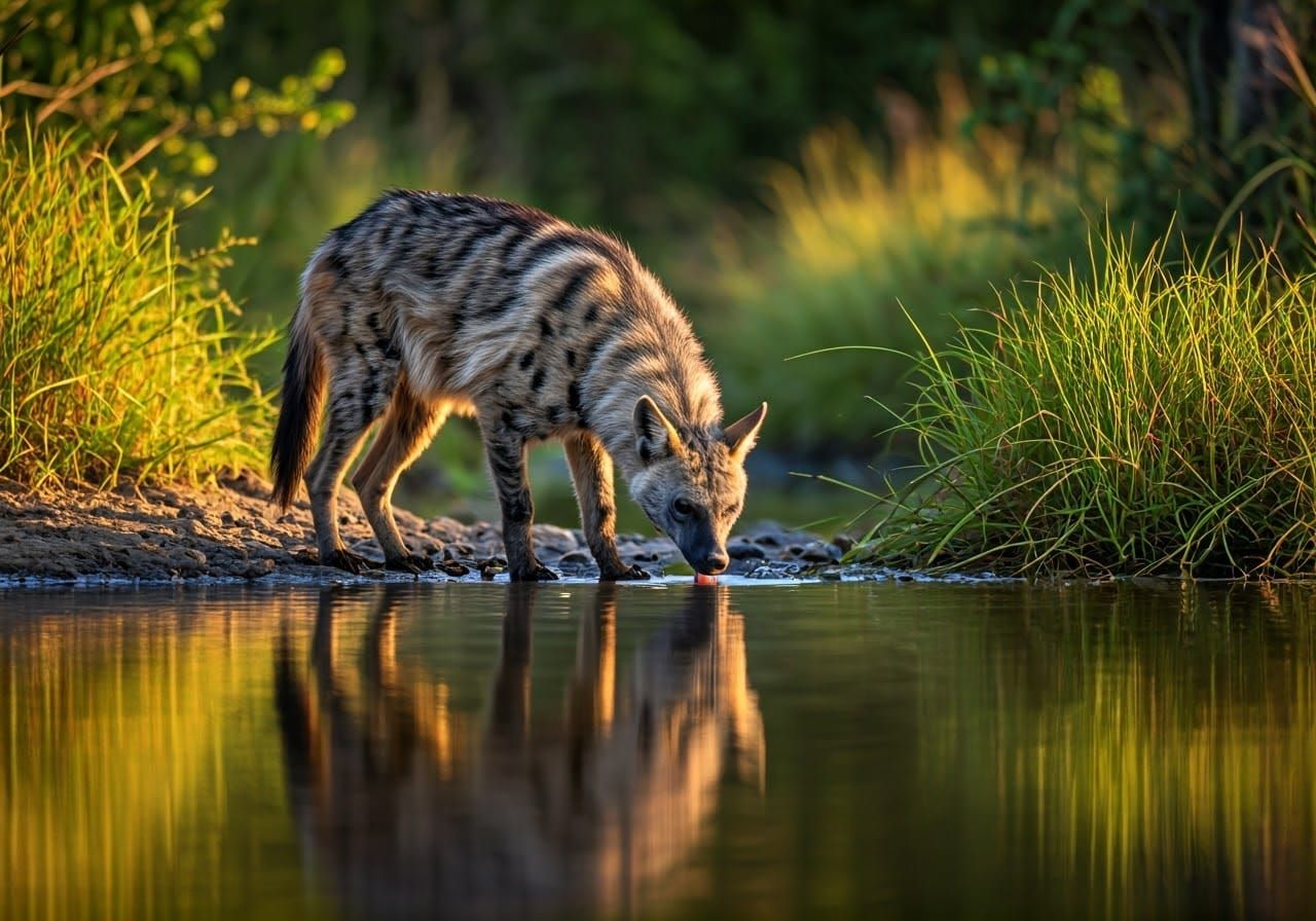 Aardwolf Drinking at River's Edge: Wildlife Photography