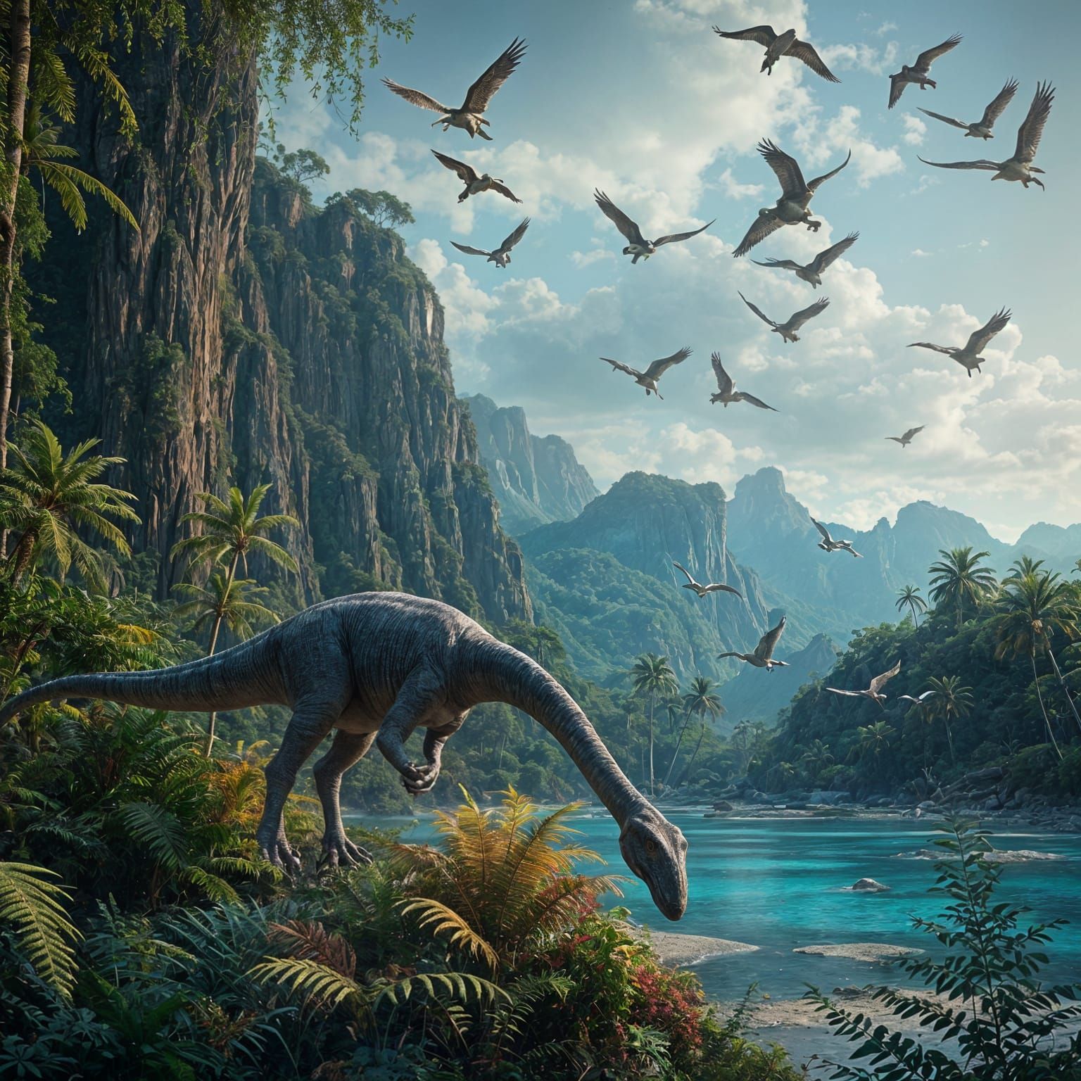 Lush Prehistoric Jungle with Grazing Dinosaur