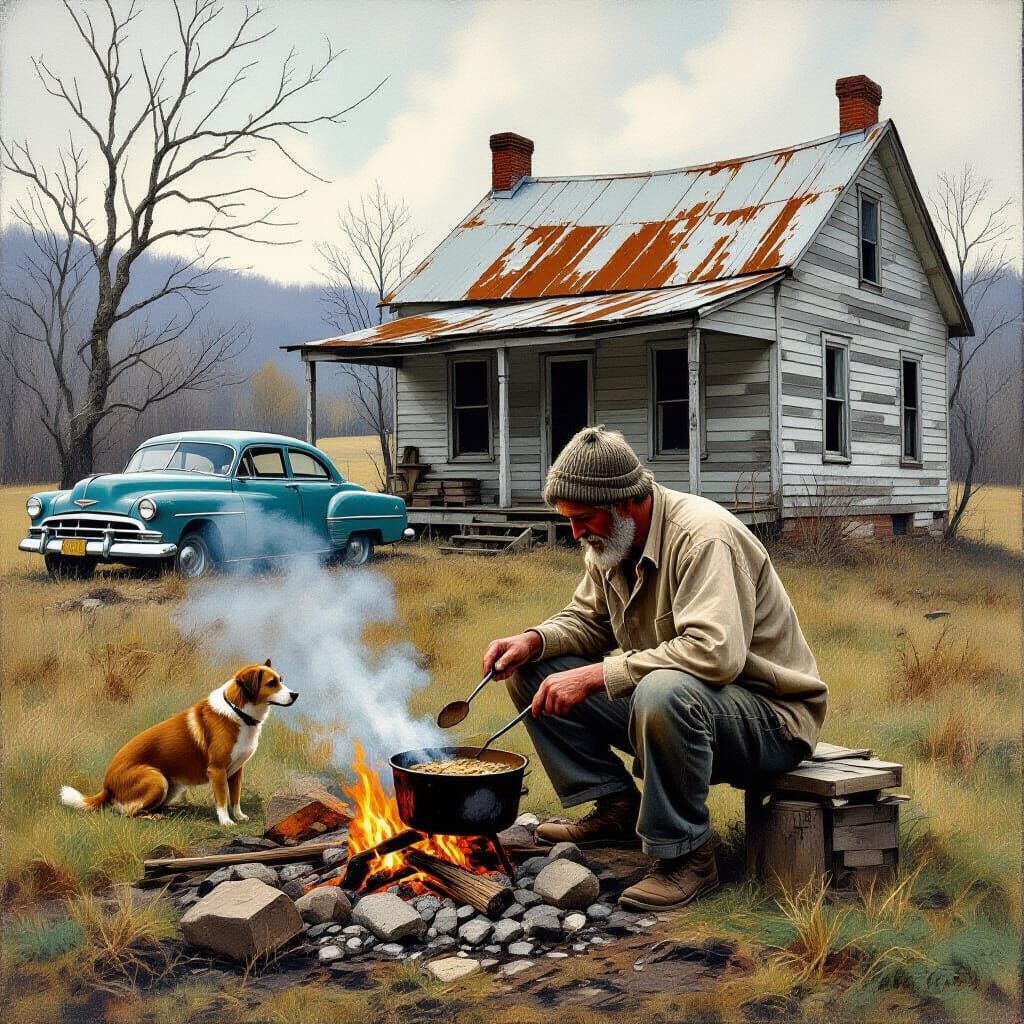 Man Cooking Outdoors in Rural Landscape, Rustic Realism