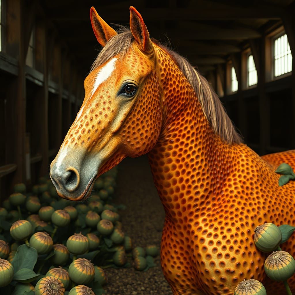 a trypophobia-inducing horse with honeycombed patterned multi coloured body in a barn lined with lotus seed pods resembl...