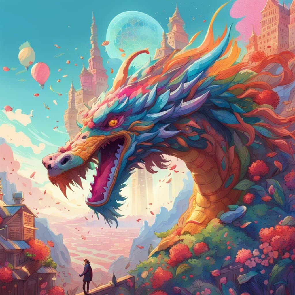 Rainbow Flower Dragon Collage Illustration