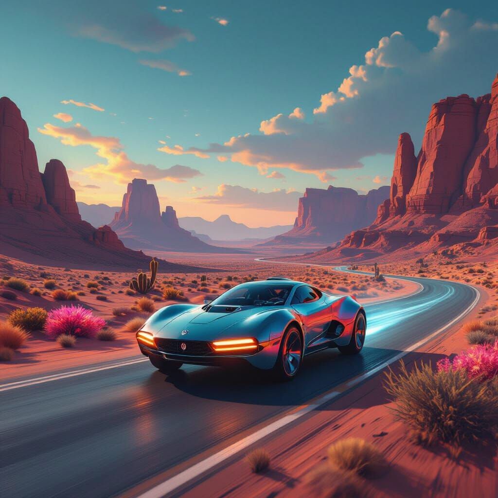 Alien Drives Neon Car Across Desert in Matte Painting
