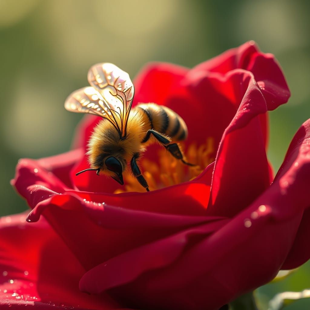 Gothic Honey Bee Harvests Pollen from Blood Red Rose in Cine...