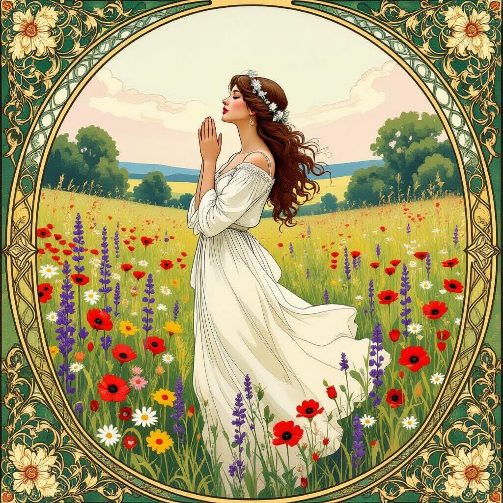 Serene Woman in Lush Meadow, Art Nouveau Style