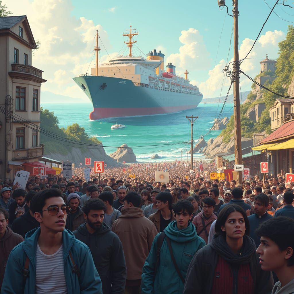 Riotous Futuristic Cityscape with Cargo Ship