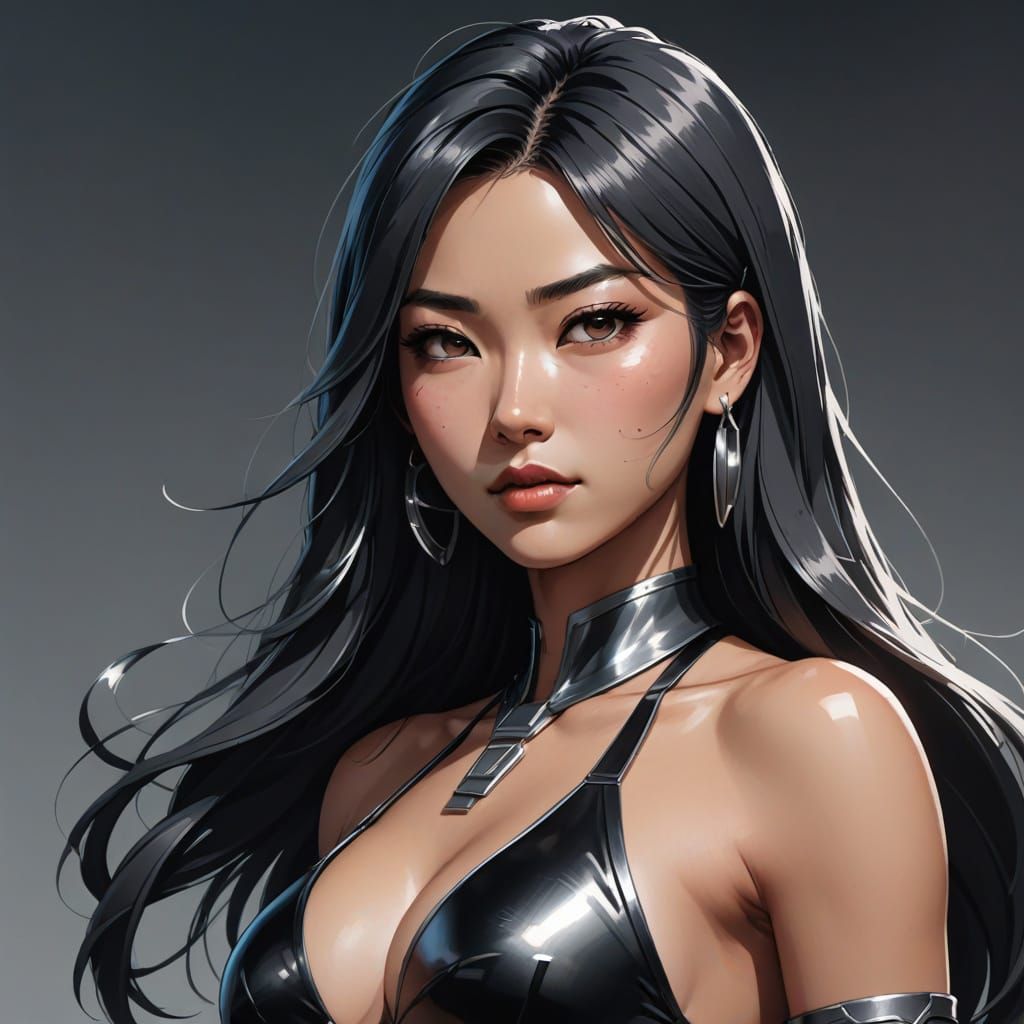 Anime-Inspired Mongolian Beauty in Black and Silver Bikini