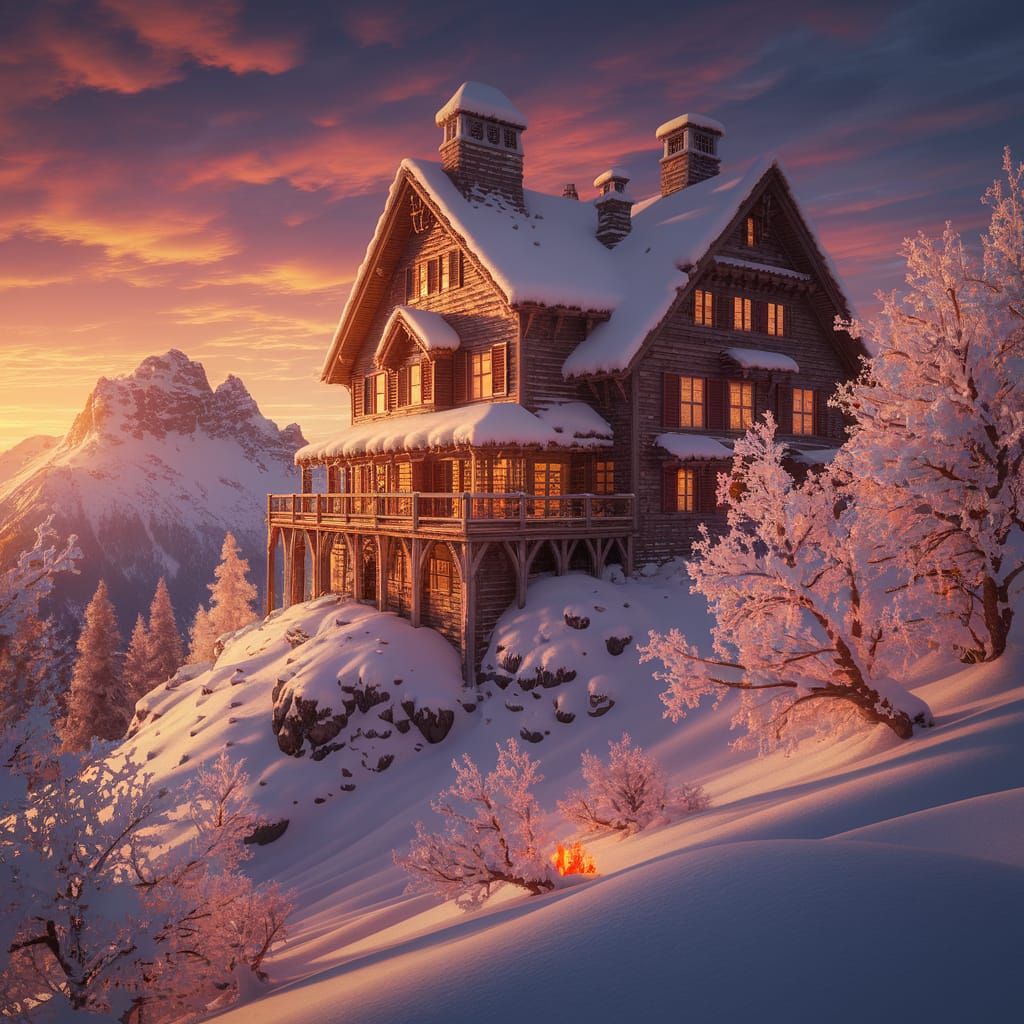 Majestic Ski Lodge in Golden Sunset Hues