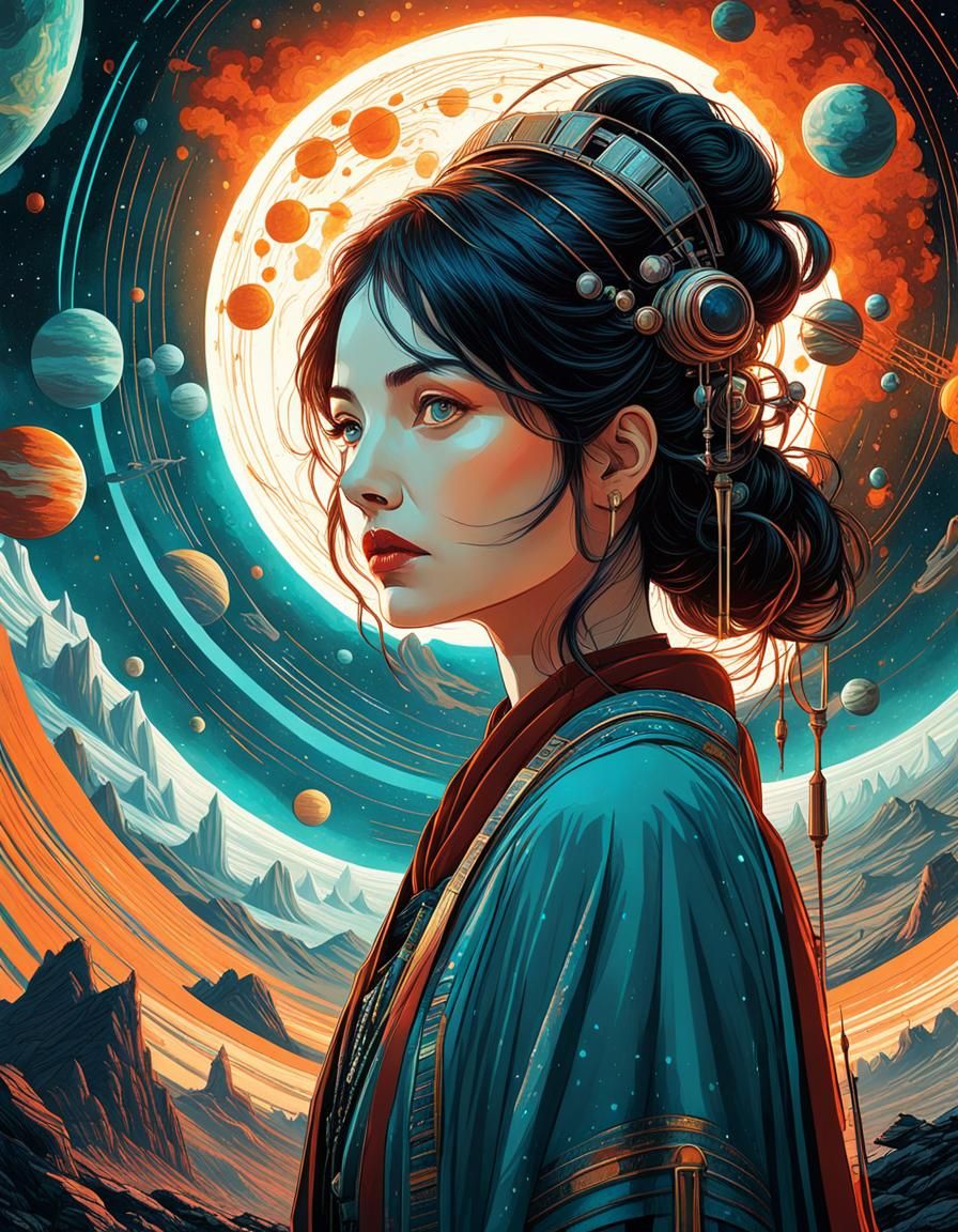 Beautiful Girl Portrait in Front of Planets