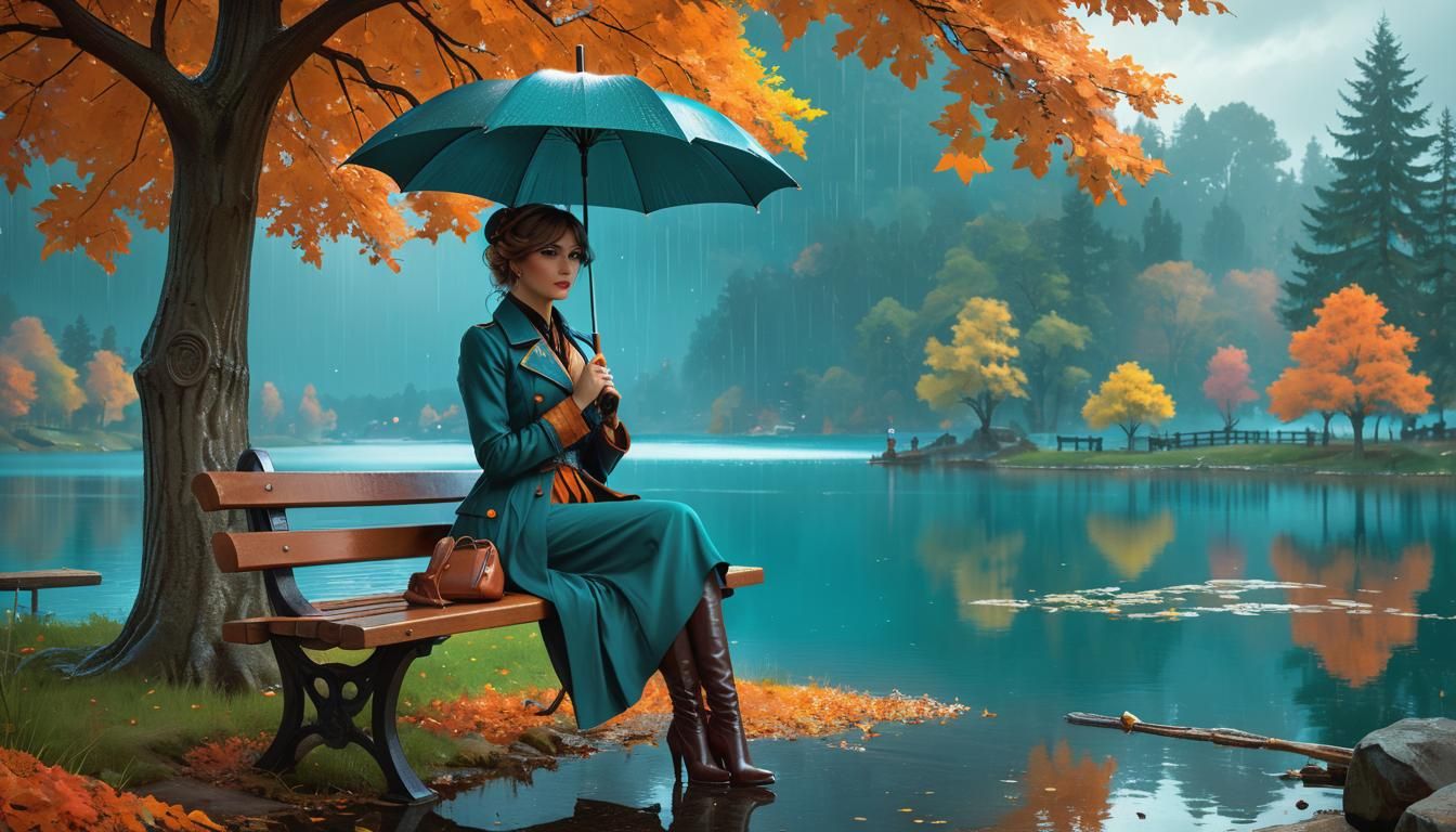 Woman with Umbrella in Rainy Autumn, Art Nouveau Style