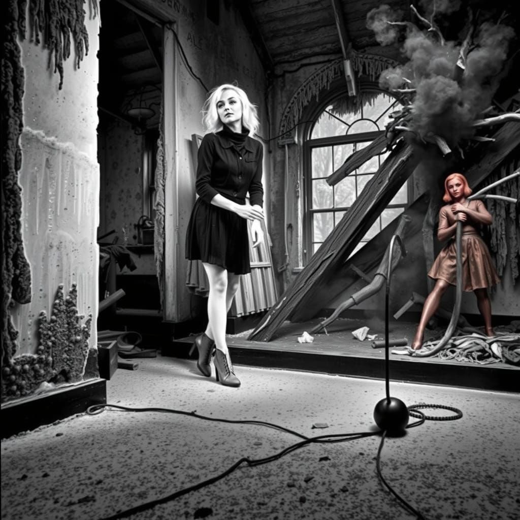 Goth Model in Decaying House, Grainy Black & White Film Styl...