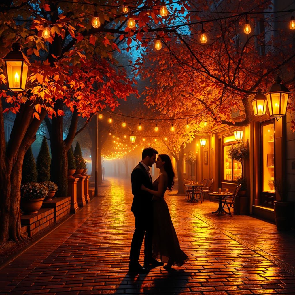 Whimsical Cobblestone Street Scene Under Golden Glow