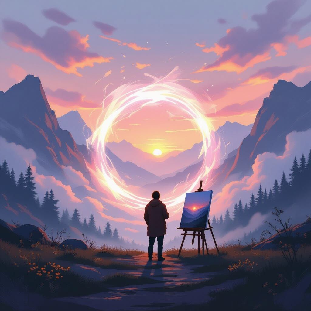 Impressionist Painter at Ethereal Mountain Portal