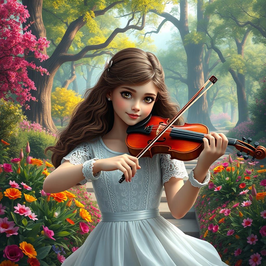 Fantastical Young Violinist in Vibrant Whimsical Park