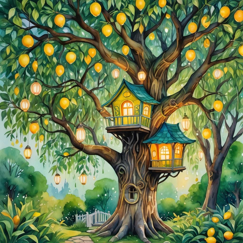 Whimsical Toy Treehouse Dreamscape in Watercolor