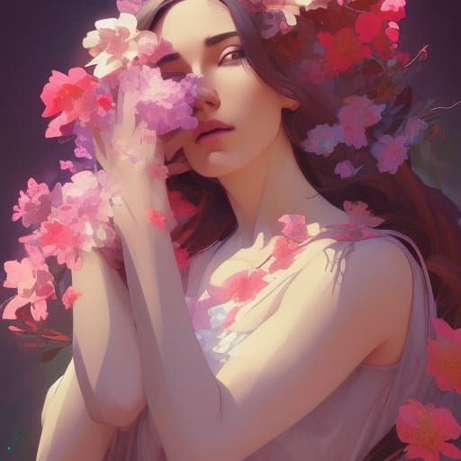 Detailed Portrait of Girl with Flowers