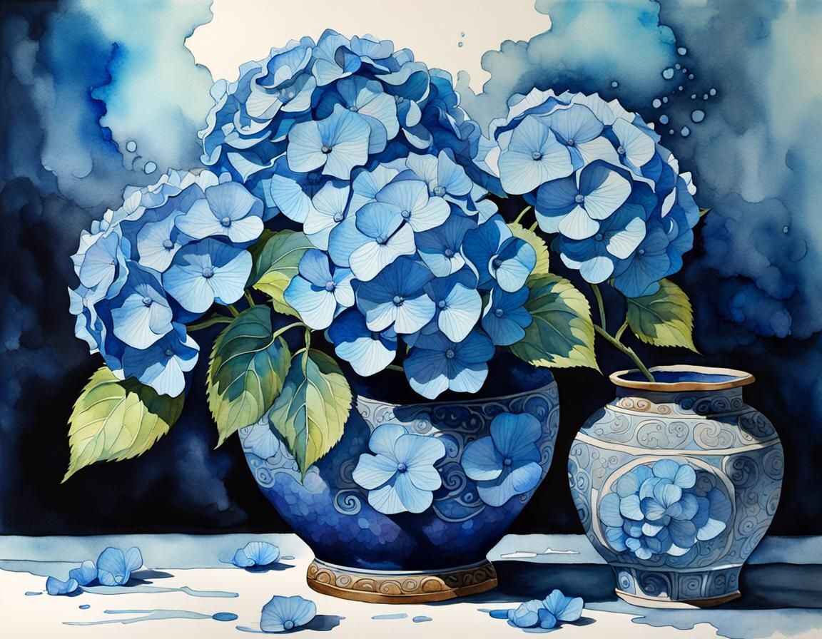 Blue Hydrangea in Vase: Watercolor, Ink, Alcohol Ink