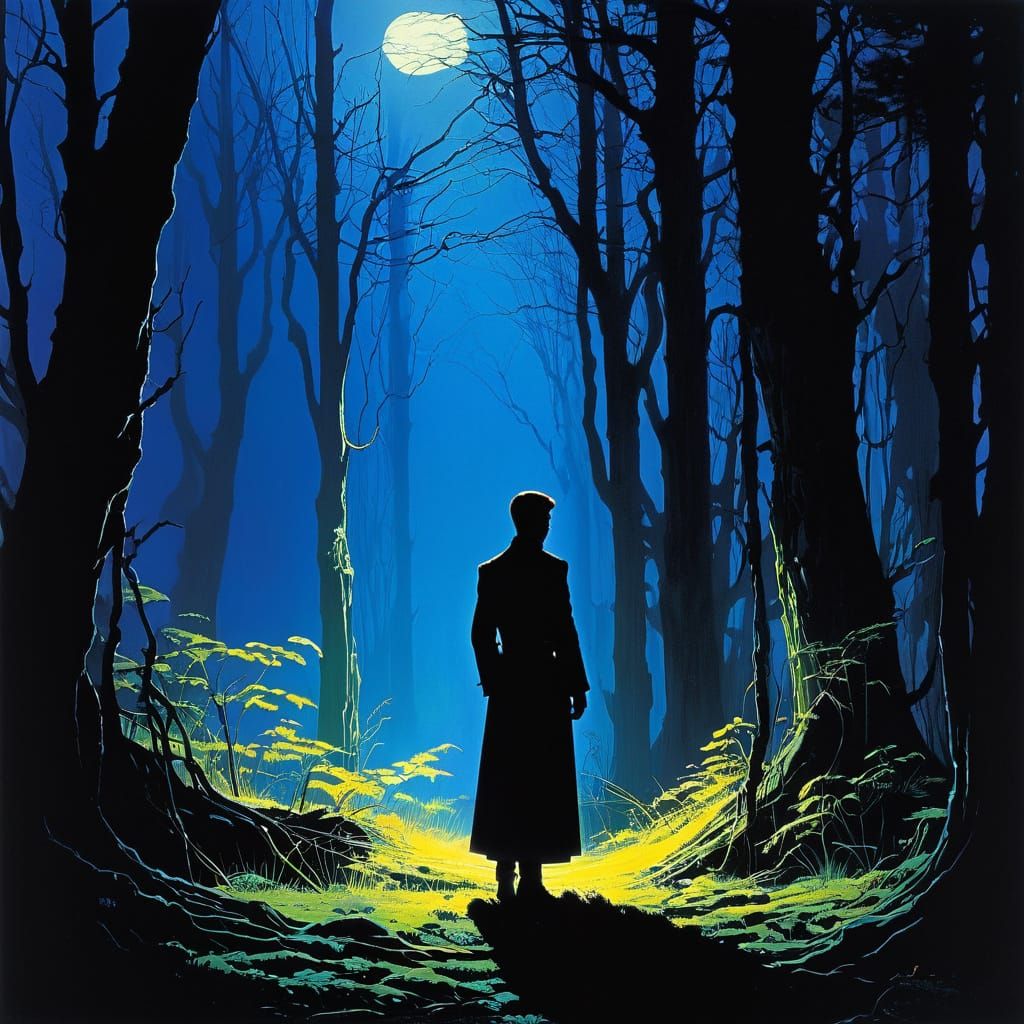 Surreal Figure and Shadow in Mystical Clearing