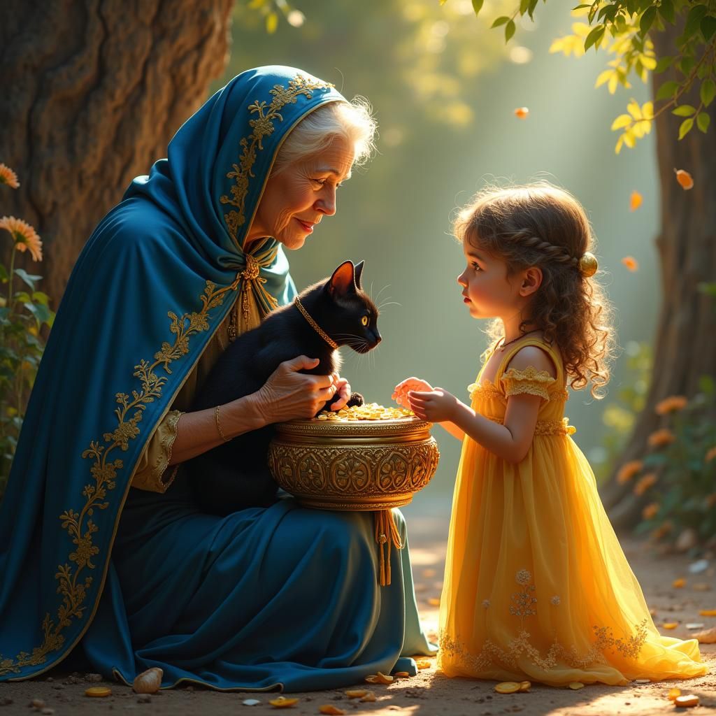 Enchanted Gift: Old Woman and Girl with Cat