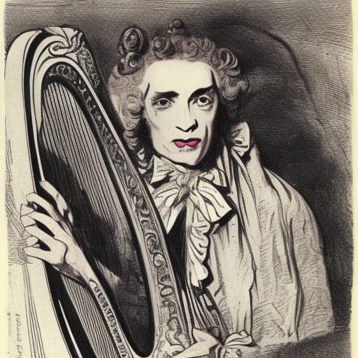 Vampire Lord Playing Harp in Classical Portrait Style