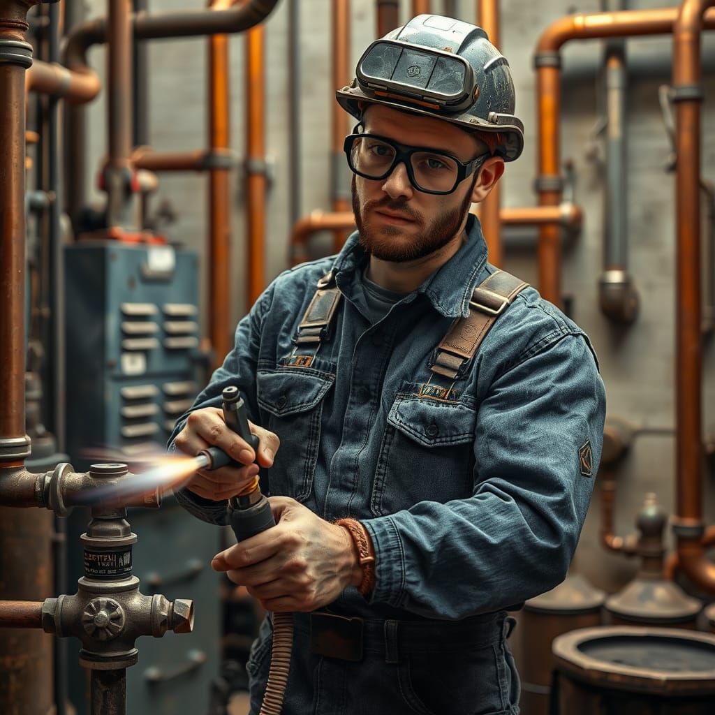 Tradesperson Adjusting Valve with Blowtorch: Realistic Indus...