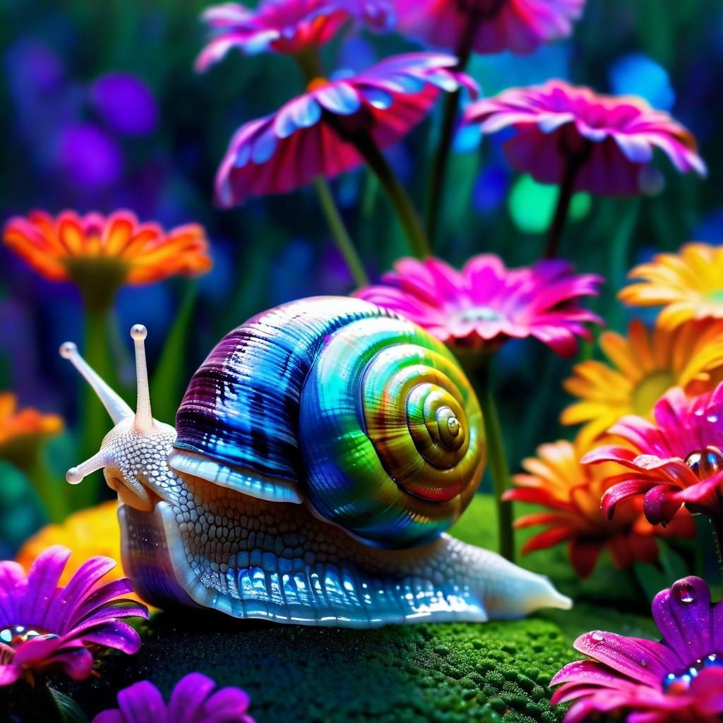 Iridescent Snail in a Surreal Flower Garden