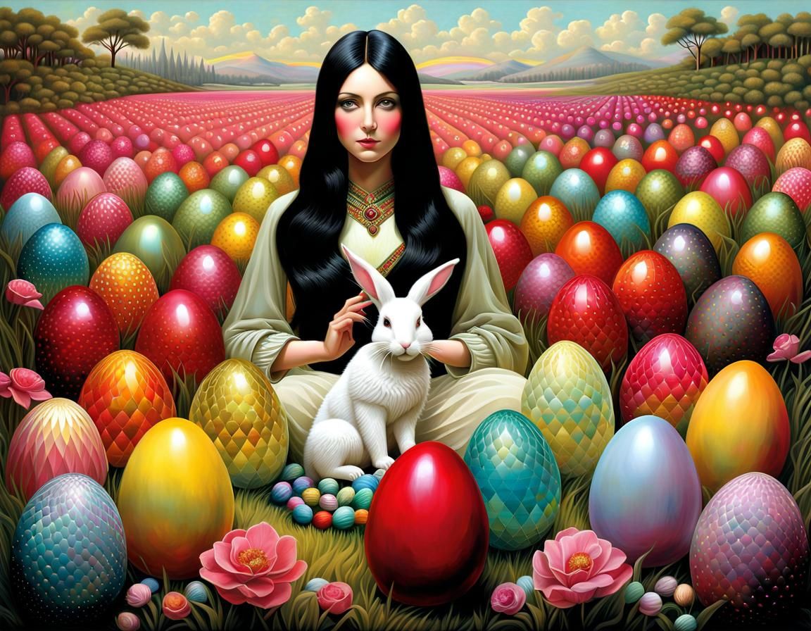 Prismatic Easter Bunnies in Glass Field, 3D Digital Art