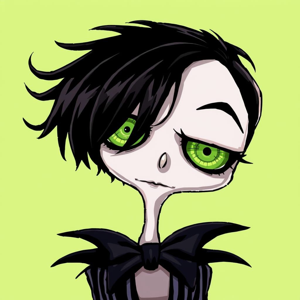 Whimsical Green Eyes in a Tim Burton-Inspired Aesthetic