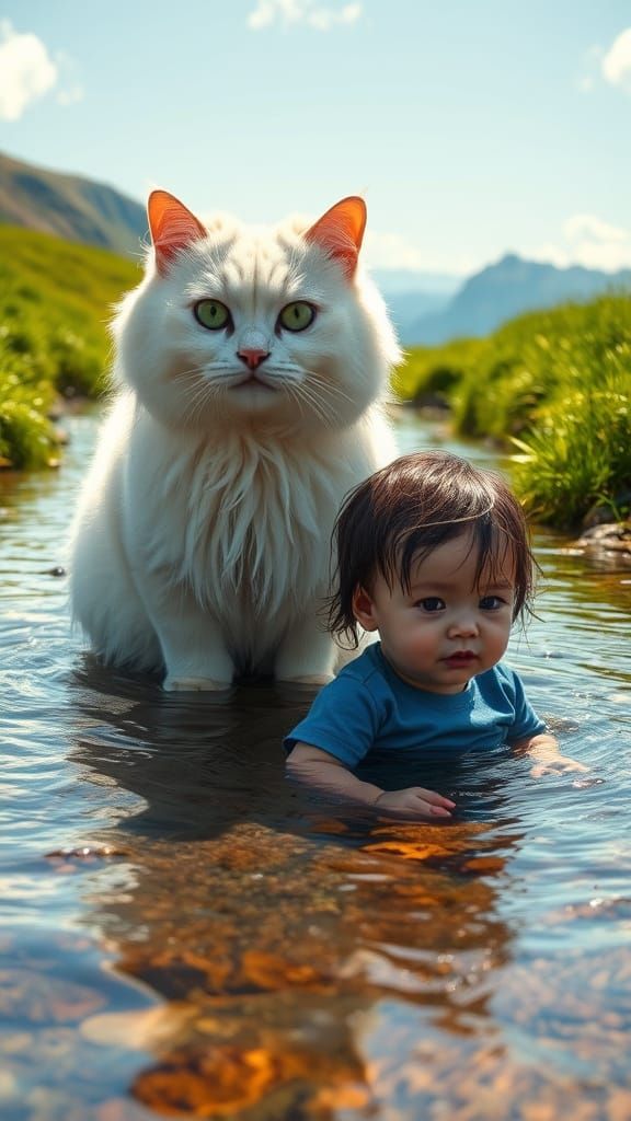Cat and Toddler in Stream: Photorealistic Art