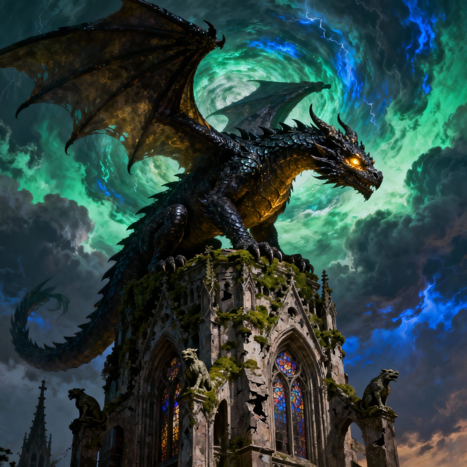 Ancient Obsidian Dragon on Gothic Cathedral
