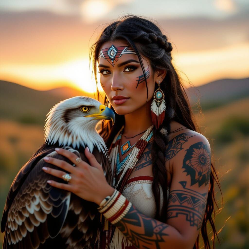 A striking Native American woman with intricate tribal tatto...