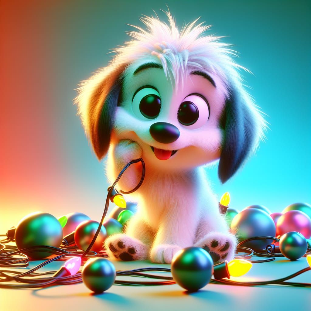 Cartoon Puppy Tangled in Christmas Lights: 3D Animation