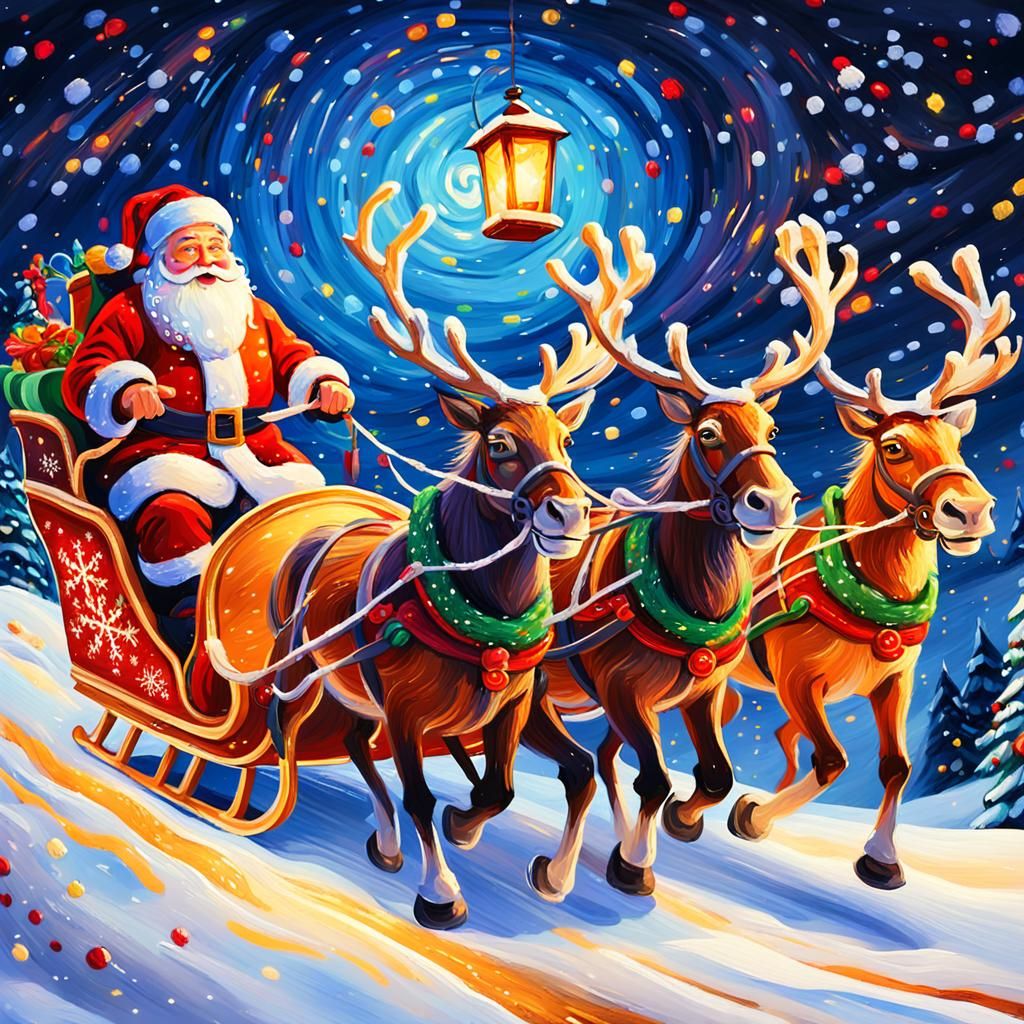 Fauvist Santa Claus Riding His Sleigh in a Vibrant Winter Wo...