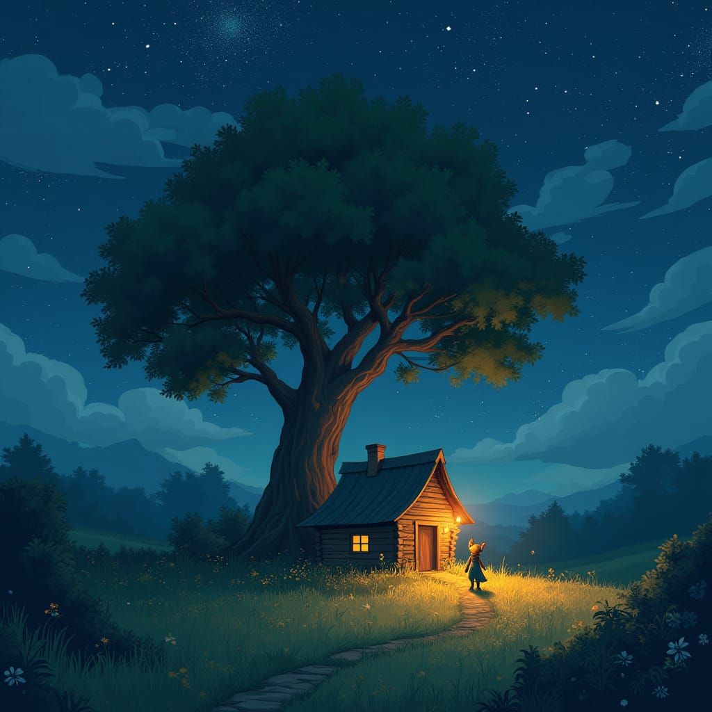 Animal-Human Hybrid Under Starry Sky in Anime Style