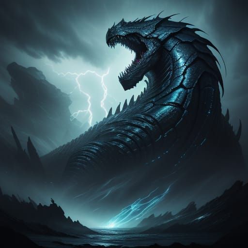Serpentine Beast Emerge from Stormy Depths in Dark Fantasy S...