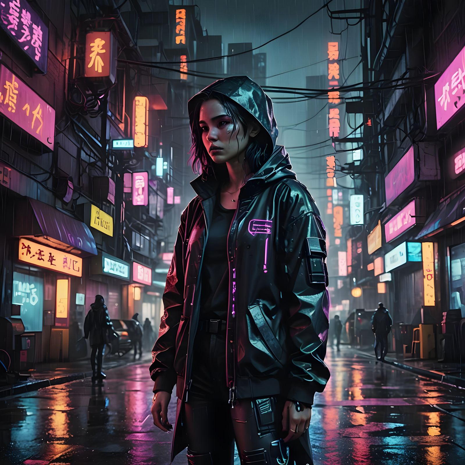 Medium shot of a female sci-fi protagonist in a cyberpunk ci...