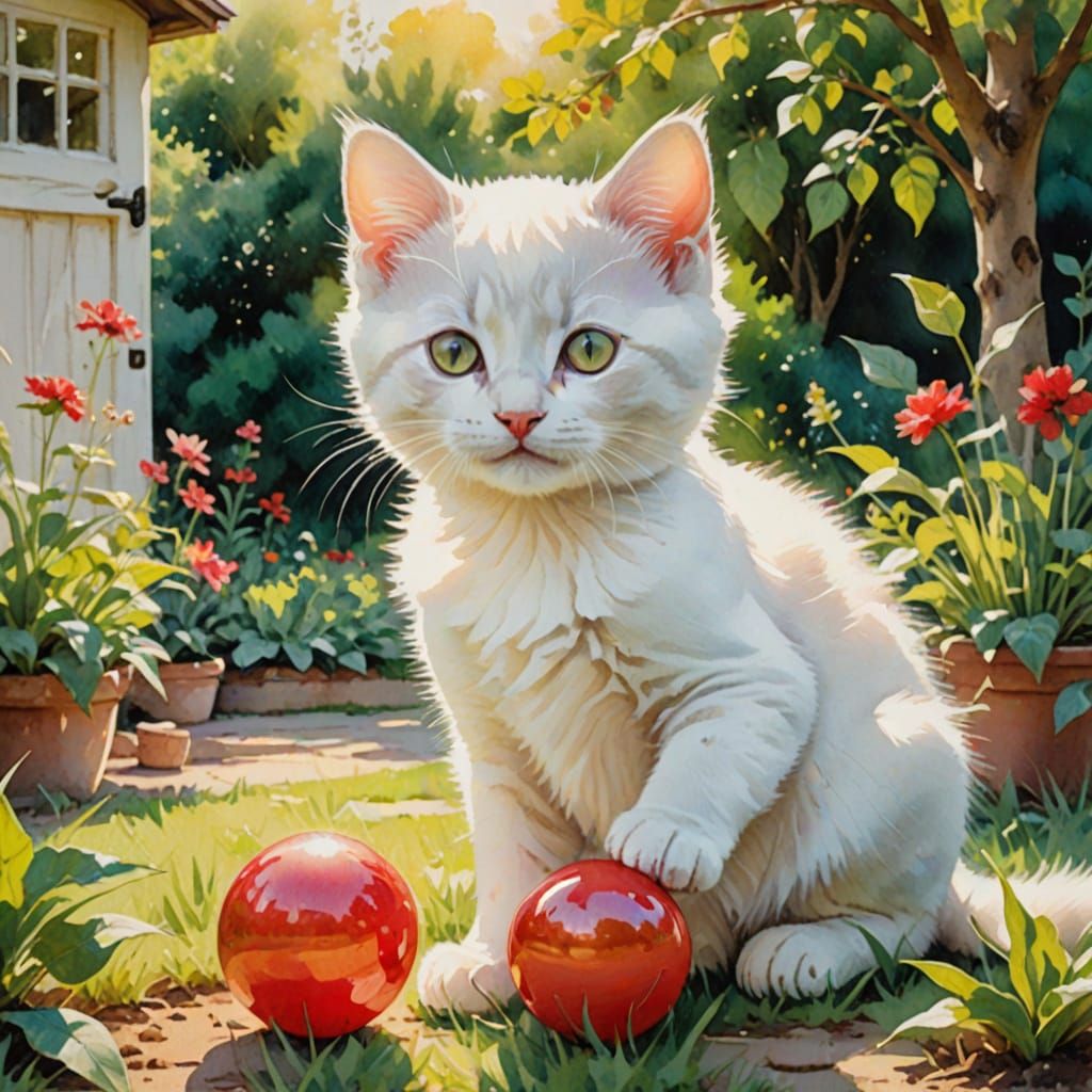 Whimsical Watercolor of White Kitten in Garden