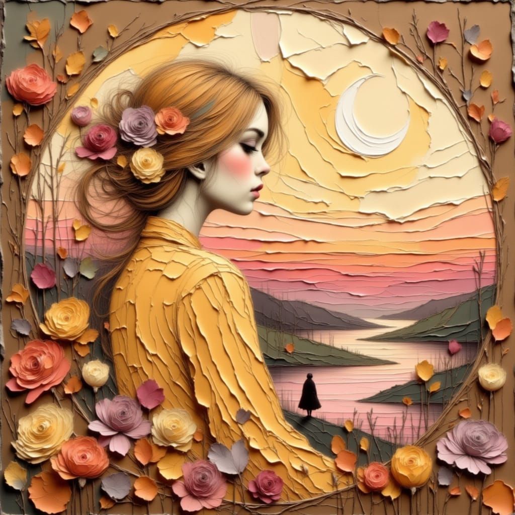 Melancholy Woman in Autumn Landscape as Art Nouveau