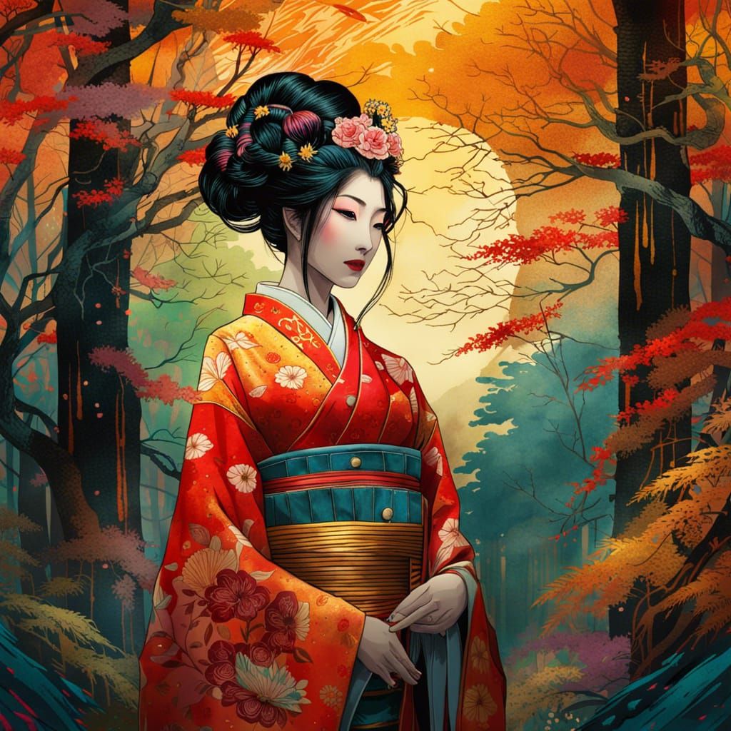 Geisha in Kimono with Luminous Colors