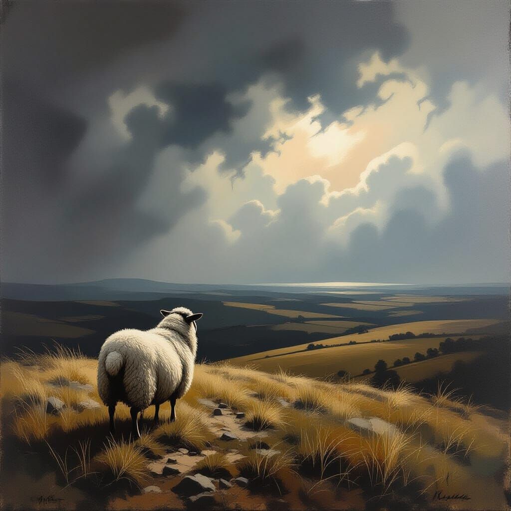 Lone Sheep on Windswept Hill in Stormy Sky