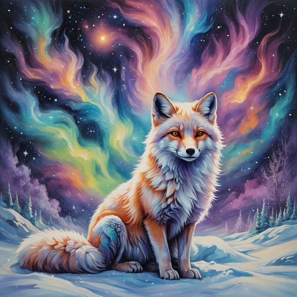 Cosmic Snow Fox in Surreal Oil Painting