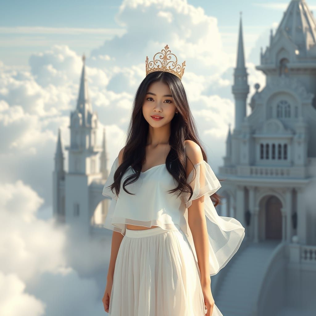 Ethereal Korean Teenager in Dreamlike Cloud Mansion