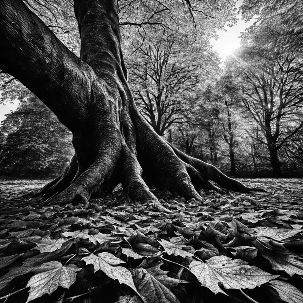 Low Angle Sunrise Over Autumn Tree with Fallen Leaves