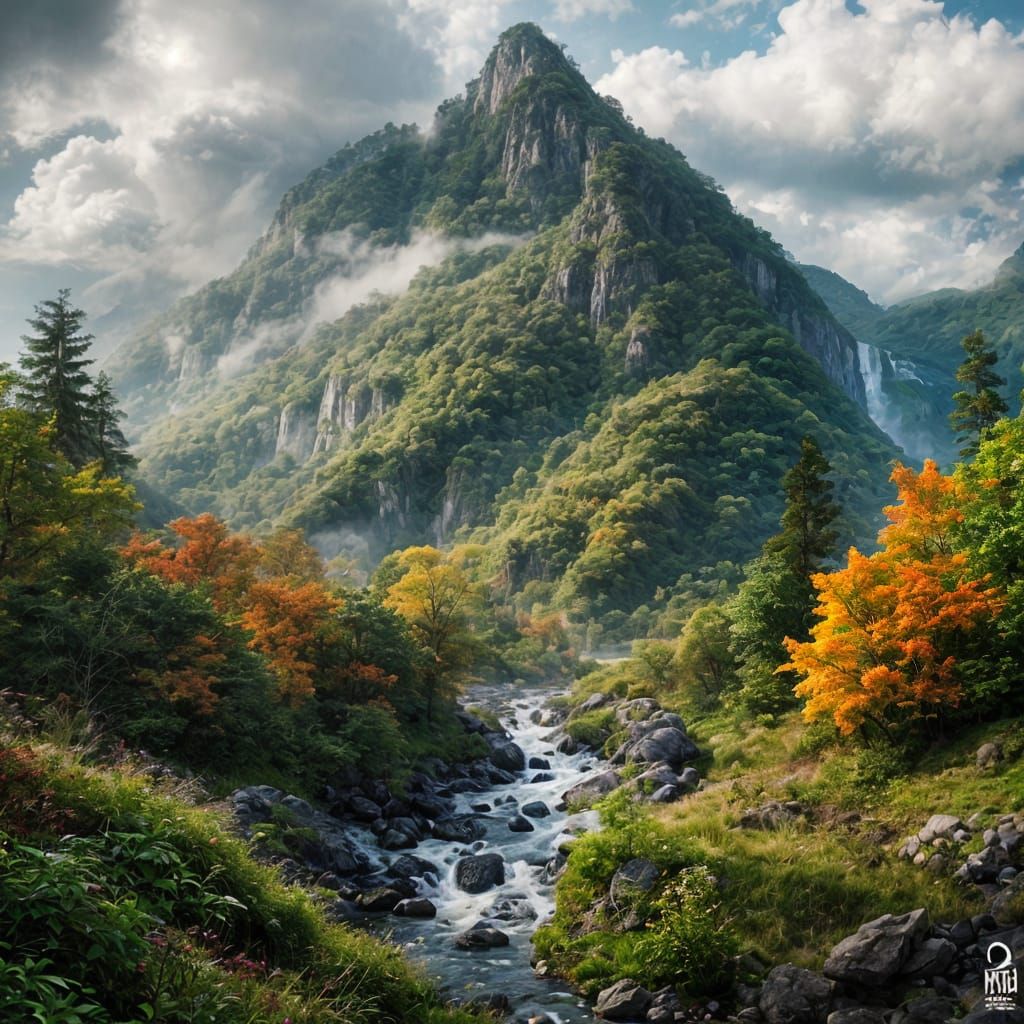 Hyper-Realistic Mountain Landscape with Lush Foliage and Mis...
