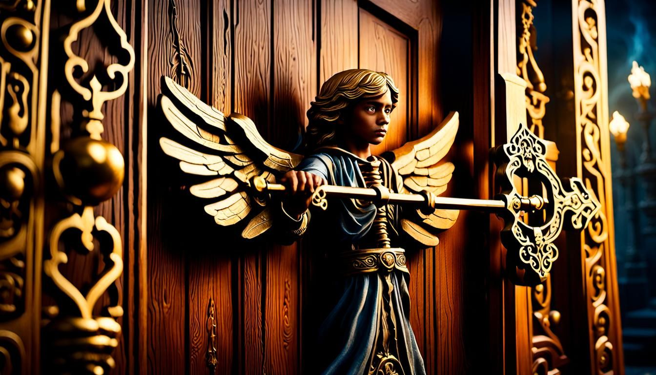 Angel Opens Heavenly Gate with Golden Key