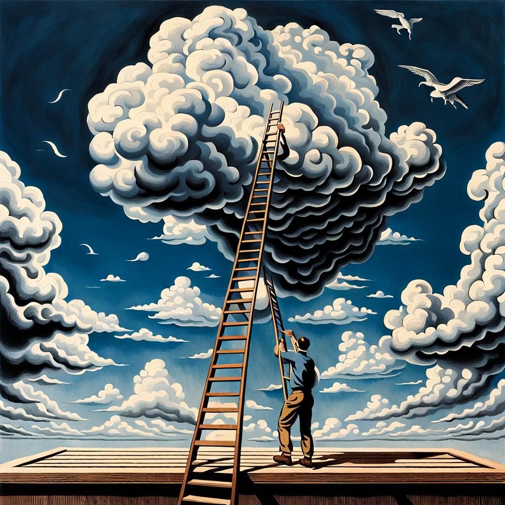 Man Ascends Ladder to Cloud in Geometric Style