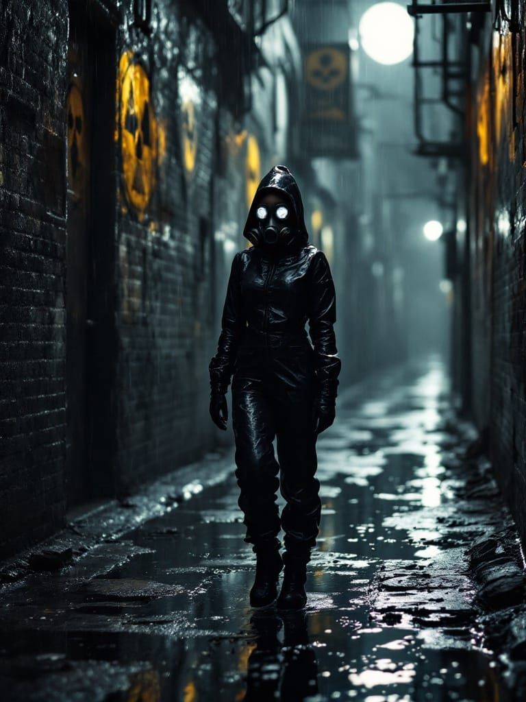 Woman in Rain-Soaked Alley, Radiant Moonlight