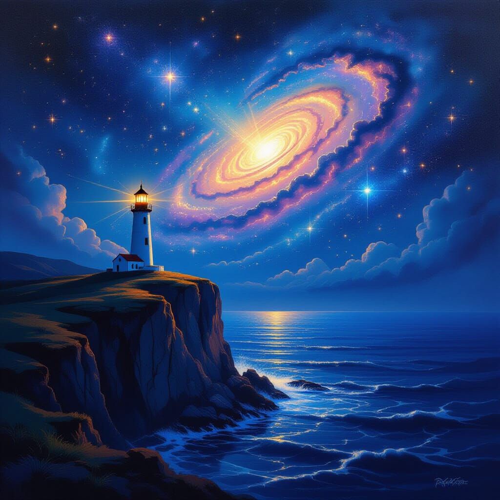 Cosmic Lighthouse on Cliff, Swirling Galaxy Beacon